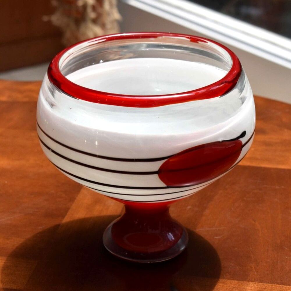 Italian Opaline Art Glass Pedestal Vase Footed Bowl Red White MCM Moretti Style